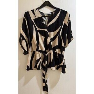 Sweet Rain 1X Black Beige Abstract Print Peplum Blouse Tie Waist Flowy Top
